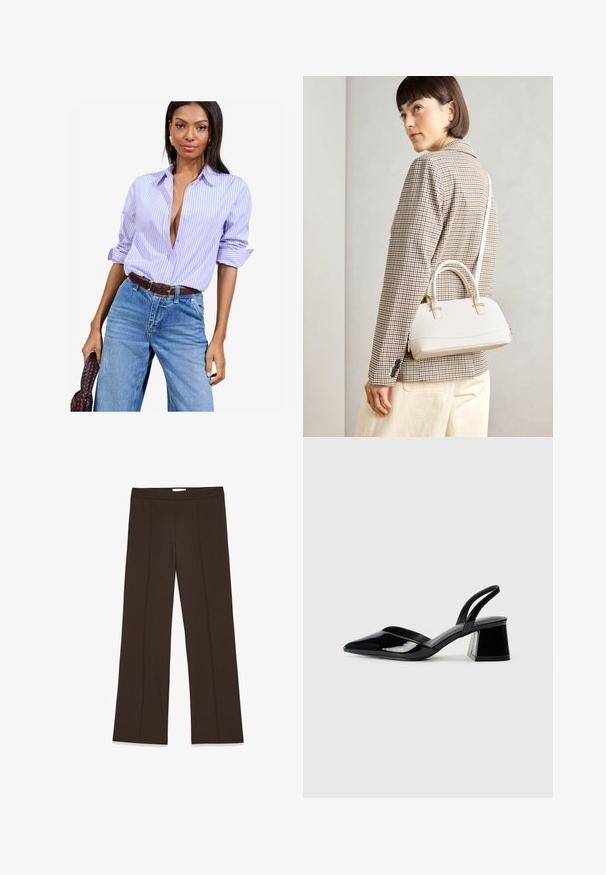 Camisa de botones a rayas en lavanda y blanco con mangas enrolladas, combinada con jeans de mezclilla azul de cintura alta y un cinturón marrón.; Pantalones marrones de pierna ancha confeccionados en una tela suave; presentan pliegues frontales y una cinturilla estándar. Diseño minimalista sin cierre visible.; Zapatos de tacón slingback de charol negro con punta afilada y tacón geométrico en bloque. Presentan un diseño elegante y minimalista, así como una textura suave.; Bolso estructurado blanco con asas cortas y una correa para el hombro, que presenta detalles en dorado y material texturizado, exhibido sobre un fondo gris.