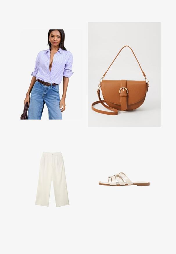 Svetlo vijoličasta in bela prugasta srajca s kratkimi rokavi, oblečena s hight-waisted modrimi kavbojkami in rjavim pasom.; Hlače širokih nogavic iz kremaste tkanine z gladko teksturo, z enim sprednjim gumbom, diskretnimi plisami in visokim pasom.; Ravne sandale s svetlo rjavim gumijastim podplatom, zasnovane s tremi prekrivajočimi se belimi usnjenimi trakovi in majhnim lokom na sredini.; Rjava usnjena torbica prek telesa s ukrivljeno obliko, zlate opreme in sponko. Ima odstranljiv naramni trak.