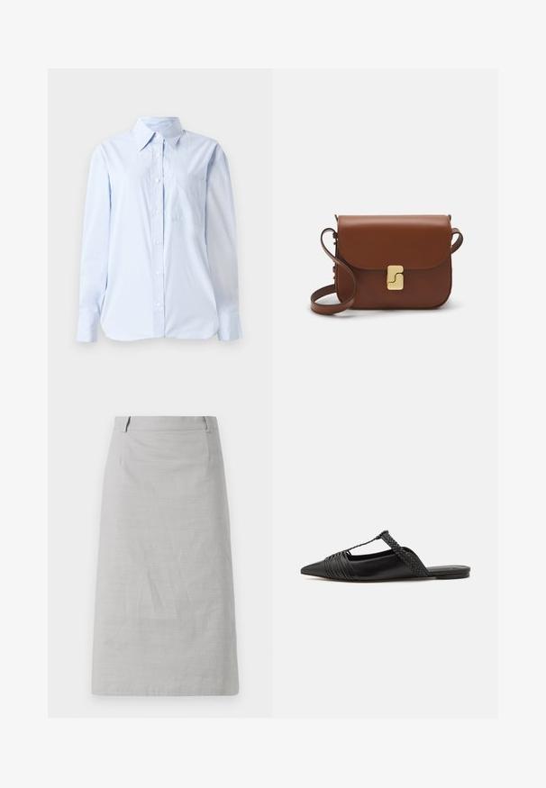 Jasnoniebieska koszula na guziki wykonana z bawełny, z kołnierzykiem w szpic, długimi rękawami, kieszonką na piersi oraz prostym dołem.; Szara spódnica ołówkowa o gładkiej fakturze, dopasowanym kroju i płaskim pasie, z bocznymi szwami i bez widocznych wzorów lub akcentów.; Czarny skórzany but na odkrytej pięcie z pointed toe, ozdobiony plecionym akcentem i plisowanym wzorem górnej części. Płaska podeszwa z minimalnymi elementami.; Brązowa skórzana torebka na ramię z klapką, złotymi detalami, paskiem na ramię i gładką teksturą. Kompaktowy prostokątny kształt.