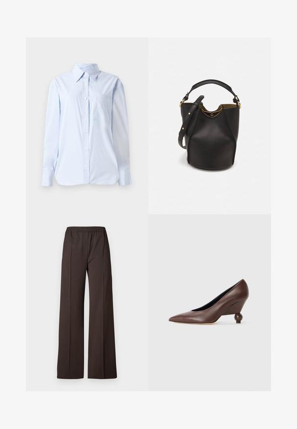 Hele sinine nööpidega särk, valmistatud puuvillast, millel on terav krae, pikad varrukad, rinna tasku ja sirge äär.; Laiad sääred tumedast pruunist kangast püksid, elastse vöökohtaga, millel on sile tekstuur ja puhtad jooned, et saavutada kohandatud välimus.; Pruunist nahast tõstetud kontsaga kingad, millel on terav varvas ja ümar pallikujuline konts. Sile tekstuur, lihtne disain ja minimaalsed aksessuaarid.; Mustast nahkämbriga kott tekstuurses viimistluses, kuldsete metalldetailide aktsentidega ja avatud ülaosaga. Omab lühikest käepidet ja reguleeritavat õlavarre rihma.