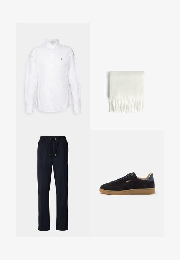 Weißes Hemd aus Baumwolle mit Knopfleiste. Verfügt über einen spitzen Kragen, lange Ärmel und hellbraune Knöpfe. Kleines gesticktes Logo auf der Brust.; Marineblaue Jogginghose aus weichem, atmungsaktivem Stoff. Mit einem elastischen Taillenbund mit Kordelzug, seitlichen Taschen und dezentem Logodetail.; Schwarze Wildledersneaker mit strukturiertem Gummisohle, kontrastierenden marineblauen Akzenten und runden Schnürsenkeln. Verfügt über goldene Markenkennzeichnung an der Seite.; Weiße Fleece-Schal mit fransigen Kanten, weicher Textur und rechteckiger Form. Eignet sich zum Schichten und bietet Wärme.