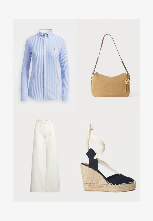 Lyseblå og hvite stripete skjorte med krage, lange ermer og en liten brodert logo på venstre brystområde.; Vidde bukser i off-white denim. Høyt liv-design med knappelukking, to frontlommer og kontrastsøm detaljer.; Marine blå lærret kile sandal med jute såle og kremfargede bånd rundt ankelen. Lukket hæl og rund tå-design.; Brun suède skulderveske med buet fasong, gullfarget hardware og glidelås. Har en vedlagt charm med initialene "MK."