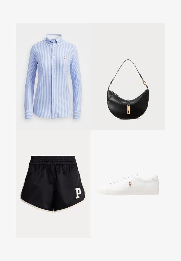 Gaiši zilā un baltā svītraina pogājama krekls ar apkakli, garām piedurknēm un mazu izšūtu logo kreisajā krūšu rajonā.; Melni sporta šorti ar smockētu jostas daļu, bēša sānu svītrām un krēmveida burta "P" logo kreisajā augšstilbā.; Baltas ādas sporta apavi, zema dizaina, ar gludu tekstūru, noapaļotu purngalu, ar auklēm priekšpusē un nelielu izšūtu logotipu sānos.; Melnas ādas rokas soma pusmēness formas. Iezīmē zelta metāla akcentus un šauru siksniņu. Gluda tekstūra, rāvējslēdzēja aizdare augšpusē.