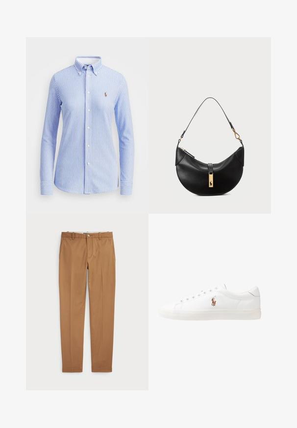 Jasnoniebieska i biała w paski koszula z guzikiem, z kołnierzykiem, długimi rękawami i małym, haftowanym logo po lewej stronie klatki piersiowej.; Brązowe bawełniane spodnie w fasonie slim-fit, z płaskim przodem i standardowymi kieszeniami; gładka tekstura i podwinięte mankiety.; Białe skórzane sneakersy, niskoprofilowy design, charakteryzujące się gładką fakturą, okrągłym noskiem, sznurowanym przodem i małym haftowanym logo z boku.; Czarna skórzana torebka w kształcie półksiężyca. Ma złote akcenty i wąski pasek. Gładka tekstura, zamek błyskawiczny na górze.