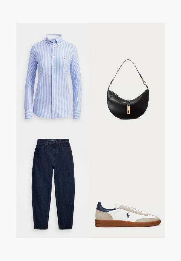 Světle modrá a bílá pruhovaná košile na knoflíky s límečkem, dlouhými rukávy a malým vyšitým logem na levé straně hrudi.; Tmavě modré džíny s rovnou nohavicí, se oranžovým prošíváním, předním zapínáním na knoflík a pěti kapsami.; Bílé a béžové tenisky s svrchní částí z kůže a nubuku, námořnickými akcenty a hnědou gumovou podrážkou. Obsahují logo na boku a šněrovací design.; Černá kožená kabelka ve tvaru půlměsíce. Obsahuje zlaté kovové detaily a úzký popruh. Hladký povrch, zapínání na zip na vrchu.