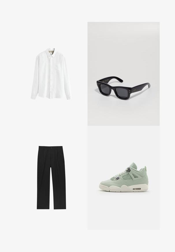 Witte lange mouwen blouse van lichtgewicht stof, met een button-down kraag, een voorkieszak en klassieke knoopsluiting.; Zwarte broeken met een recht model, gemaakt van een gladde stof. Voorzien van een voorplooien en een enkele knoopsluiting bij de taille.; Lichtgroene sneaker met leren bovenkant, meshpanelen, witte zool en opvallende accenten. Voorzien van veters en luchtkussen in de hiel.; Zwarte zonnebril met een glanzende afwerking, rechthoekig frame, donkere lenzen en gouden logo-accenten op de pootjes. Twee gouden stippen op elke voorkant hoek.; Gouden metalen ketting met grote, in elkaar grijpende schakels en een veilige sluiting. Gladde, glanzende oppervlakte met een gepolijste afwerking.