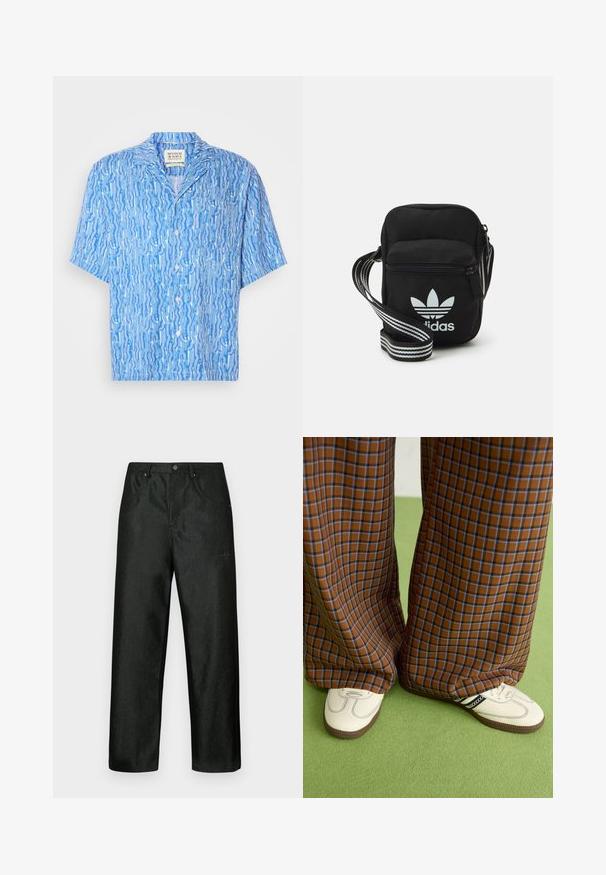 Short-sleeve button-up shirt in light blue with a swirling white pattern. Made of lightweight fabric; casual collar design.; Black pants with a slight sheen, featuring a straight leg design, two front pockets, and a discreet logo on the upper left side.; Brown and blue plaid wide-leg trousers paired with white shoes featuring black accents and textured soles, set against a green background.; Black fabric crossbody bag with a zipper closure, featuring a white Adidas logo and a striped adjustable strap for easy carrying.
