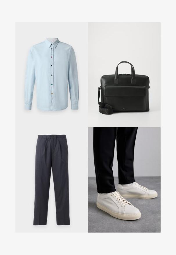 Lichtblauw langemouwen shirt van een zachte stof met een knoopsluiting aan de voorkant, voorzien van meerkleurige knopen en een puntige kraag.; Donkerblauwe broeken van zachte stof met een geplooid voorkantontwerp en een elastische tailleband. Voorzien van een knoopsluiting en een rechte pijp.; Lichtbeige leren sneakers met platte veters, een gestructureerd oppervlak en een contrasterende crème-kleurige rubberen zool, gecombineerd met zwarte taps toelopende broek.; Zwarte leren aktetas met dubbele handgrepen aan de bovenkant, een voorvak en een afneembare schouderriem, met subtiele branding aan de onderkant.