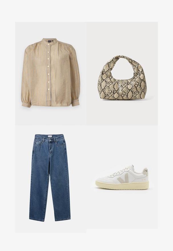 Camisa de botão com colarinho alto, riscas verticais amarelas e azuis, mangas compridas com punhos franzidos e seis botões à frente.; Jeans de denim azul clássicos com um design de perna reta, cinco bolsos e fecho de botão. Apresenta um tratamento médio e uma textura resistente.; Sapatilha de couro branca com detalhes em camurça bege, biqueira perfurada, atacadores planos e sola texturizada creme. Apresenta uma marcação subtil no calcanhar.; Bolsa com padrão de pele de cobra e uma alça curva. Feita de materiais texturizados em bege e castanho, apresentando um padrão de diamante distintivo.