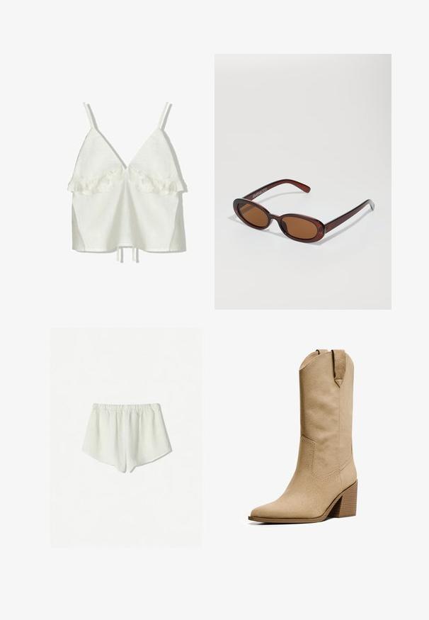 Biała lniana bluzka z regulowanymi ramiączkami i głębokim dekoltem w kształcie litery V. Posiada falbany przy biuście, luźny fason oraz ściągacz na dole.; Białe lniane szorty z elastycznym paskiem w talii, o luźnym kroju i lekko zaokrąglonym dole. Miękka, oddychająca faktura.; Bershka - Kowbojki i obuwie motocyklowe; Okrągłe, brązowe okulary przeciwsłoneczne z błyszczącą bordową oprawą. Cienkie ramiona z subtelnym detalem marki. Płaski kształt soczewek.