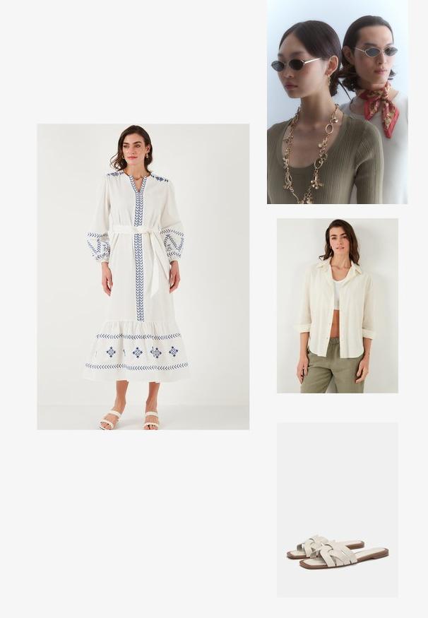 Lässig geschnittenes, cremefarbenes Hemd mit Knopfleiste, Kragen und hochgerollten Ärmeln, aus leichtem, strukturiertem Stoff. Kombiniert mit olivgrünen Hosen.; Weißes langes Kleid mit blauen bestickten Mustern, Ballonärmeln, einem V-Ausschnitt und tailliertem Bund. Merkmale sind ein schichtweise geschnittener Saum und weicher Stoff.; Helle beigefarbene Riemchensandalen mit geflochtenen Riemen, flachem Sohle und minimalistischer Gestaltung. Glatte Textur mit dezenten Farbkontrasten.; Runde Sonnenbrillen mit dunklen Gläsern und dünnen silbernen Rahmen. Eine Person trägt eine goldene Kette, während eine andere einen rot gemusterten Schal hat.; Woven straw handbag in hellbeige, mit einer geschwungenen Form, Verschluss und einer goldenen Kettenriemen. Strukturierte Oberfläche mit einem Diamantmuster.