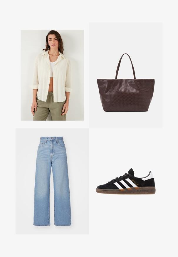 Camisa holgada de color crema con botones en el frente, cuello y mangas enrolladas, hecha de una tela ligera y texturizada. Combinada con pantalones oliva.; Jeans de tiro alto y pernera ancha en azul claro, con cierre frontal de botón y cremallera, y bolsillos delantero y trasero, sobre un fondo blanco.; Zapatilla negra de Adidas con franjas blancas, texto dorado "Spezial", suela de goma y talón blanco, mostrada en vista lateral.; Bolso tote de cuero trenzado marrón con dos asas, de forma estructurada y superficie texturizada, con un patrón de diamantes en todo su diseño.