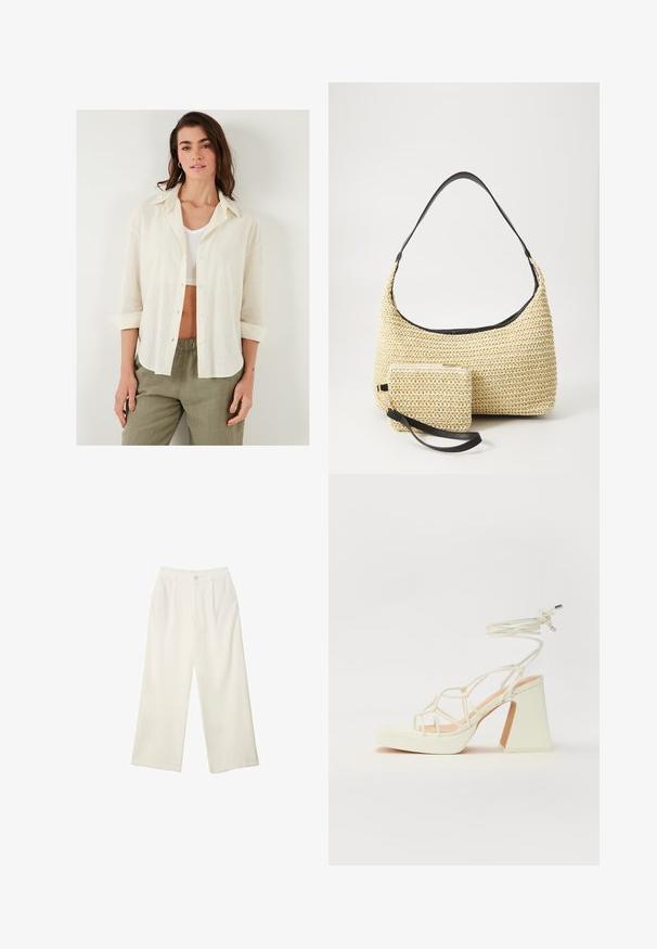 Loose-fitting, cream-colored shirt with a button front, collar, and rolled-up sleeves, made of lightweight, textured fabric. Paired with olive pants.; Wide-leg trousers in cream fabric with a smooth texture, featuring a single front button, subtle pleats, and a high waist design.; White high-heeled sandal with a chunky heel, featuring a strappy design and ankle tie. Smooth texture with a platform front for added height.; Woven straw handbag with a curved silhouette, featuring a smooth black leather strap and a matching small pouch attached by a wrist strap.