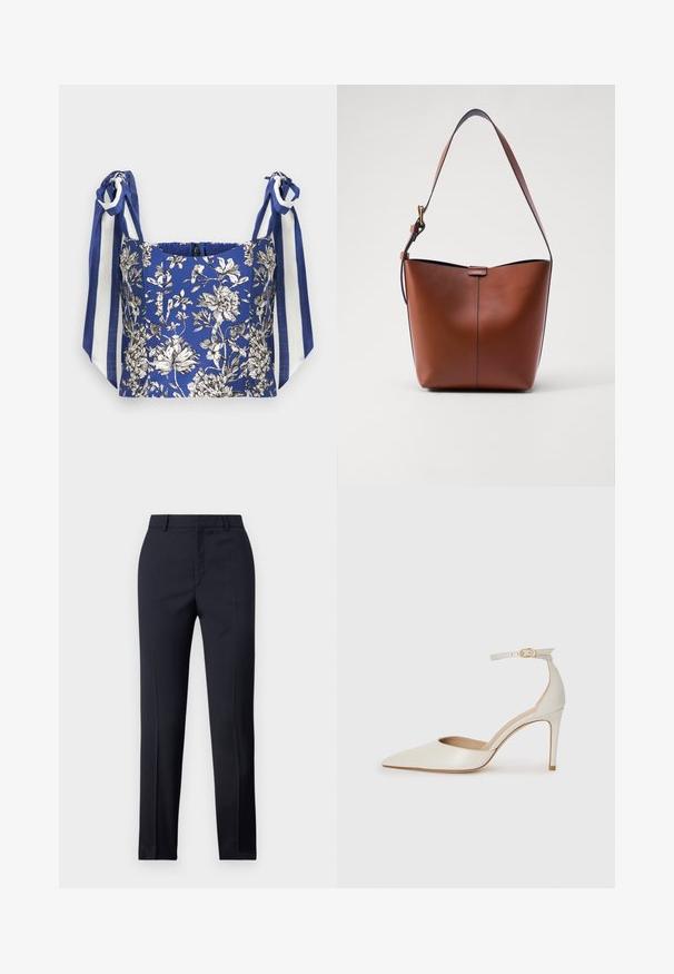 Blomstrig blus med kort midja i blått, prydd med vita och svarta detaljer. Den har breda axelband i blå och vita ränder.; Marinblå skräddarsydda byxor med rak passform, med en slät textur, två framfickor och en ren midjeband.; Vit läderhögklackad sko med spetsig tå, ankelrem och en smal stilettklack. Slät textur med diskret glänsande finish.; Brun läderaxelväska med en böjd form, slät yta och ett enda tunt band. Har en subtil söm och en liten logotypdetalj.