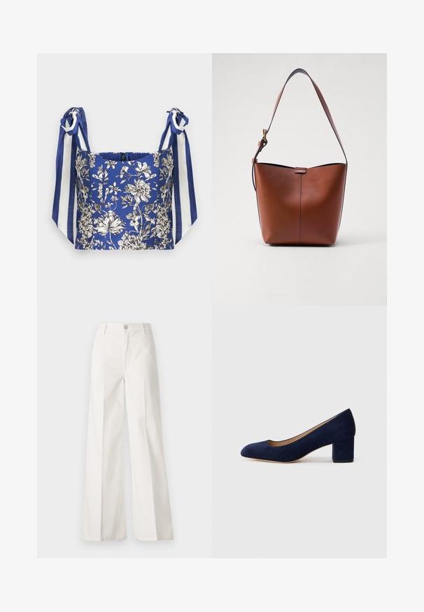 Top scurt floral albastru cu flori detaliate în alb și negru, având bretele late pentru umeri cu dungi albastre și albe.; Pantaloni albi cu picioare largi, confecționați din bumbac cu o textură fină. Prezintă un buton în față, fermoar și un design cu patru buzunare.; Pantof cu toc din suede bleumarin, cu vârful ascuțit și un toc de înălțime medie în formă de bloc. Textură netedă cu o strălucire subtilă și o mică decupare în față.; Geantă de umăr din piele maro, cu o formă curbată, textură netedă și o curea subțire. Prezintă o cusătură subtilă și un detaliu mic cu logo.