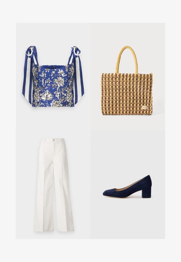 Plavi cvjetni kratki top s bijelim i crnim detaljima cvijeća, s širokim naramenicama u plavo-bijelim prugama.; Bijele široke hlače izrađene od pamuka s glatkom teksturom. Imaju prednji gumb, patentni zatvarač i dizajn s četiri džepa.; Tamno plava suede salonka s šiljastim vrhom i blok petom srednje visine. Glatka tekstura s blagim sjajem i malim izrezom sprijeda.; Tkanirana torba u smeđoj i žutoj boji, s pravokutnim oblikom, dvije ručke i teksturiranom površinom s vidljivim šavovima i oznakom brenda.