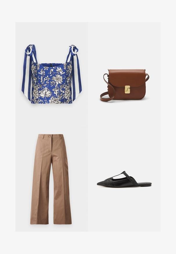 Niebieski kwiatowy top crop z białymi i czarnymi szczegółowymi kwiatami, z szerokimi ramiączkami w niebieskie i białe paski.; Brązowe spodnie szerokie, wykonane z gładkiego materiału, z zamknięciem na guzik z przodu, dwiema przednimi kieszeniami oraz czystymi, dopasowanymi liniami.; Czarny skórzany but na odkrytej pięcie z pointed toe, ozdobiony plecionym akcentem i plisowanym wzorem górnej części. Płaska podeszwa z minimalnymi elementami.; Brązowa skórzana torebka na ramię z klapką, złotymi detalami, paskiem na ramię i gładką teksturą. Kompaktowy prostokątny kształt.
