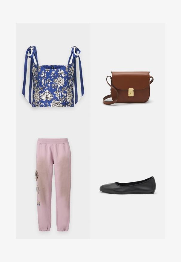 Sinine lillemustriga crop top valgete ja mustade detailidega, millel on laiad õlavarre rihmad sinistes ja valgetes triipudes.; Roosa spordipüksid elastse paelaga vööl, millel on vasakul küljel dekoratiivsed rombikujulised plaastrid ja elastsed mansetid pahkluude juures.; Musthave mustika tantsutossud mustast nahast, ümmarguse varbaga, siledast tekstuurist, minimaalse õmblusdetailiga ja paindliku tallakujundusega.; Pruunist nahast käekott, millel on klapiga sulgur, kuldne riistvara, õlarihm ja sile tekstuur. Kompaktne ristkülikukujuline vorm.