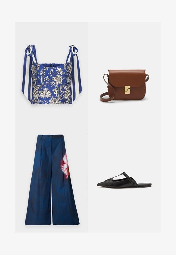 Modrý květinový crop top s bílými a černými květy, s širokými ramínky v modro-bílých pruzích.; Široké kalhoty z tmavě námořnického materiálu, se květinovým potiskem v růžové a žluté na jedné straně, s knoflíkovým zapínáním v pase.; Černé kožené slingback boty se špičatou špičkou, s tkaným akcentem a plisovaným designem svršku. Plochá podešev s minimálním kovovým zapínáním.; Hnědá kožená kabelka s klopou, zlatými kovovými detaily, ramenním popruhem a hladkým povrchem. Kompaktní obdélníkový tvar.