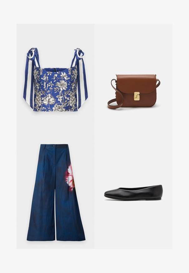 Sininen kukallinen lyhythihainen toppi, jossa on valkoisia ja mustia yksityiskohtia, ja leveät olkavarren nauhat sinivalkoisina raitoineen.; Housut, joissa on leveät lahkeet tummansinisestä kankaasta, ja yhdellä sivulla on vaaleanpunainen ja keltainen kukkakuosi. Vyötäröllä on nappikiinnitys.; Paul Smith TOPANGA - Ballerinat - black; Ruskea nahkainen käsilaukku, jossa on läppäkiinnitys, kultasävyiset yksityiskohdat, olkahihna ja sileä pinta. Kompaktin suorakaiteen muotoinen.