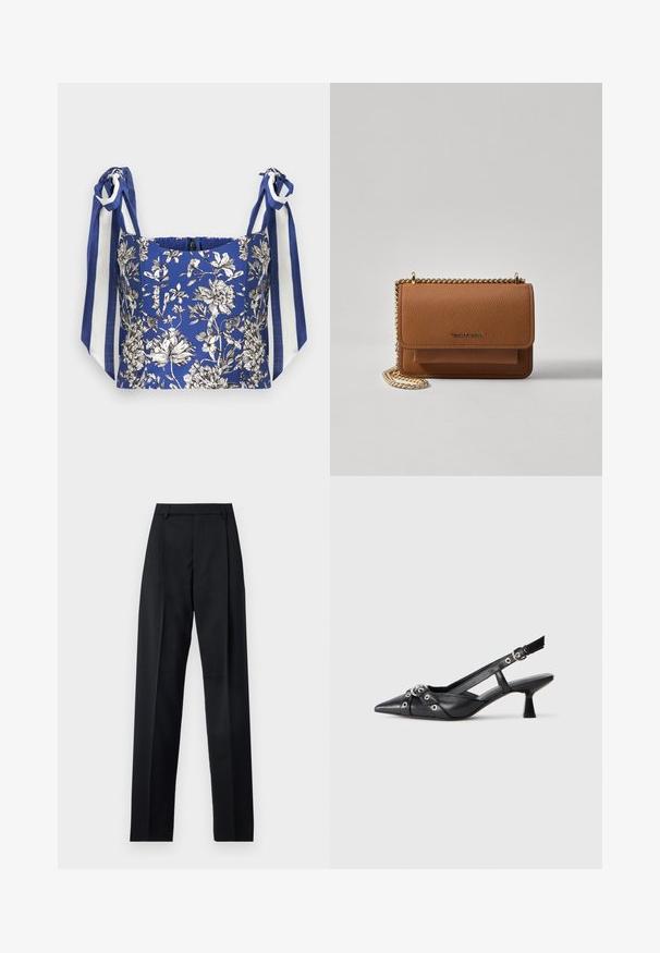 Mėlynas gėlių trumpas viršus su baltomis ir juodomis detalėmis, turintis plačius pečių raiščius mėlynai ir baltai dryžuotais raštais.; Juodos kelnės iš lygaus audinio, pasižyminčios aukštu liemeniu, plačiomis kojomis, priekinėmis klostėmis ir klasikiais diržo kilpomis. Šoninių kišenių nematyti.; Juodas odinis slingback tipo batai su smailiu priekiniu atvartu, dekoratyvinėmis sagtimis su metaliniais akyčiais ir žemu blokiniu kulnu. Saldus paviršius.; Ruda tekstūruota odinė per petį nešama rankinė su auksiniu grandininiu dirželiu ir užlenkiamo užsegimo. Priekinėje pusėje yra logotipo detalė ir kišenė po užlenkimu.