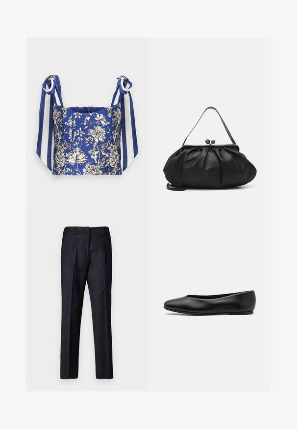 Modrý květinový crop top s bílými a černými květy, s širokými ramínky v modro-bílých pruzích.; Námořnické kalhoty s hladkou texturou, s plochým předním dílem, dvojitými záhyby a poutky na opasek. Rovný střih nohavic, zakončené lemováním.; Paul Smith TOPANGA - Klasické baleríny - black; Černá kožená kabelka s zaobleným, skládáním designem. Obsahuje kovový zavírač se dvěma dekorativními koulemi a tenkým, odnímatelným popruhem.