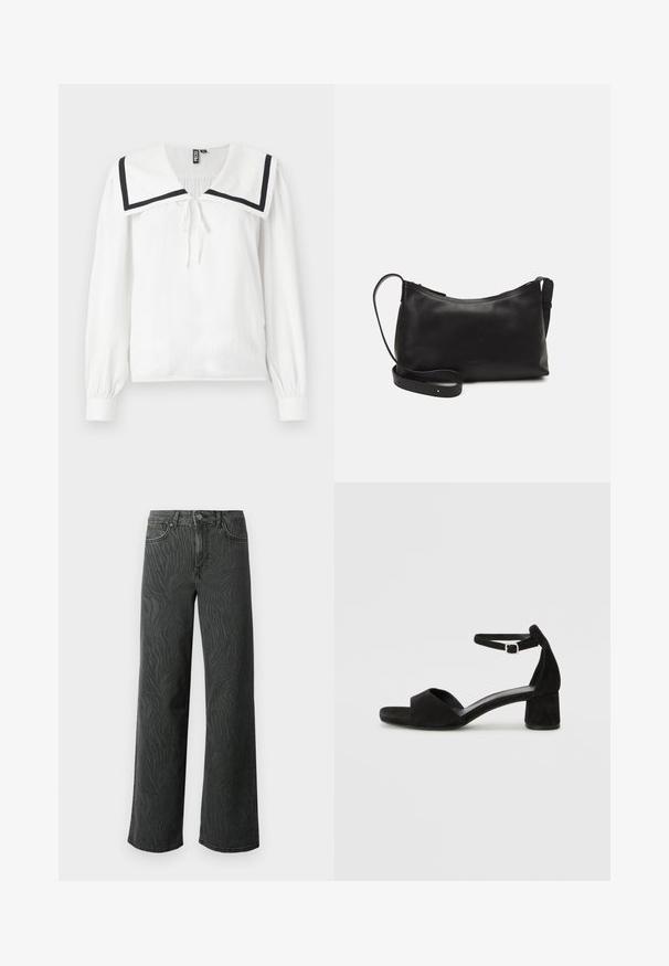 Blusa bianca a maniche lunghe con un ampio colletto da marinaio rifinito in blu navy, laccio regolabile al colletto e maniche arricciate.; Jeans a gamba larga in denim grigio scuro, con una sottile texture a zebra, cuciture a contrasto e design a cinque tasche con chiusura a bottone.; Sandali con tacco in suede nero, con una sottile fascia alla caviglia, design open toe e un discreto tacco a blocco. Texture liscia e decorazioni minime.; Borsa a spalla in pelle nera con una texture liscia, forma curva, tracolla regolabile e chiusura con zip. Design minimalista senza ornamenti.