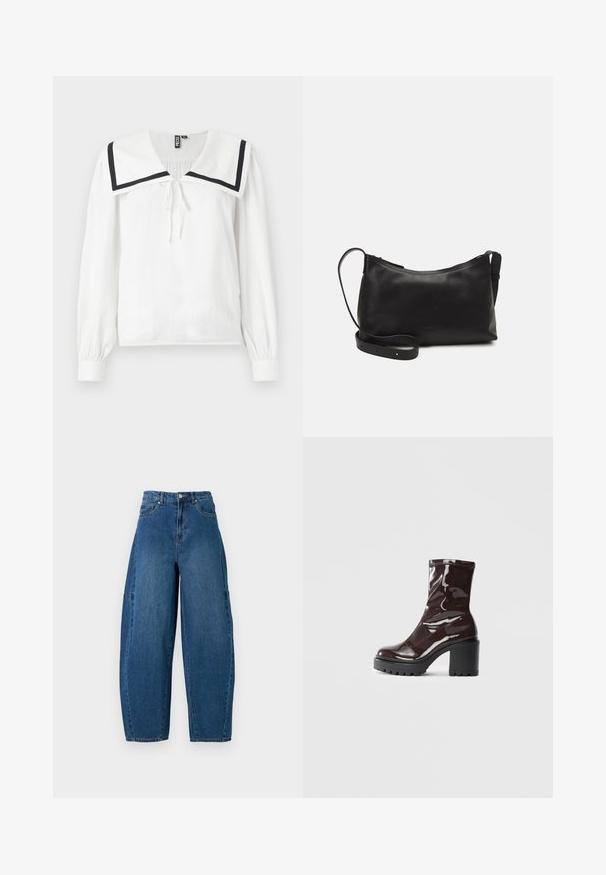 Blouse blanche à manches longues avec un grand col marin bordé de bleu marine, nœud ajustable au niveau du cou et manches froncées.; Jean en denim de teinte bleu moyen, présentant une taille haute, une coupe large et un design standard à cinq poches avec des détails de coutures visibles.; Bottines bordeaux brillantes à talon épais noir, avec une texture lisse et un design simple. Aucune fermeture visible ni motifs.; Sac à épaule en cuir noir avec une texture lisse, une forme courbée, une bandoulière ajustable et une fermeture éclair. Design minimaliste sans embellissements.