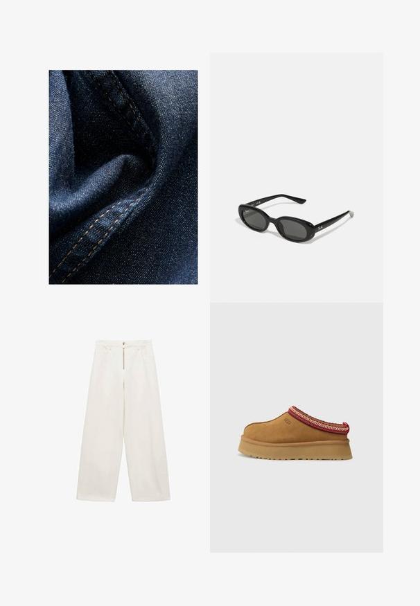 Donkerblauwe denimstof met een gladde textuur, voorzien van contrasterende oranje stiksels en gevouwen materiaal, wat de diepte en detail benadrukt.; Wijdvallende broek van off-white katoen. Voorzien van een rits aan de voorkant en twee zijzakken. Soepele textuur en ontspannen pasvorm ontwerp.; Bruine suède instapschoen met een rood en crèmekleurig patroon aan de rand, een gestructureerde zool en het UGG-logo aan de zijkant. Heeft een lichte platformhoogte.; Zwarte zonnebril met ovale lenzen, glanzend kunststof montuur en slanke armen. Bevat het Ray-Ban-logo in het wit aan de zijkant.; Rode leren schoudertas met een gebogen ontwerp, een gladde textuur en een ritssluiting. Het heeft een dunne hengsel om te dragen.