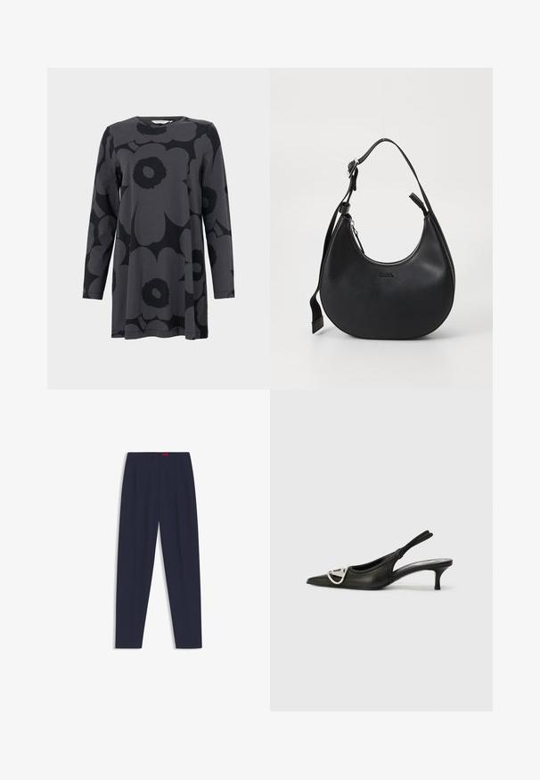Long-sleeve tunic in dark gray jersey fabric, featuring a large black floral pattern. Round neckline and relaxed A-line silhouette.; Navy blue tailored trousers with a smooth texture, featuring front pleats and side pockets. Straight leg design and no visible embellishments.; Black leather slingback shoe with a pointed toe, featuring a silver logo accent and a small heel. Smooth texture and minimalist design.; Black leather shoulder bag with a curved shape, zip closure, and adjustable strap. Features embossed brand logo on the front.