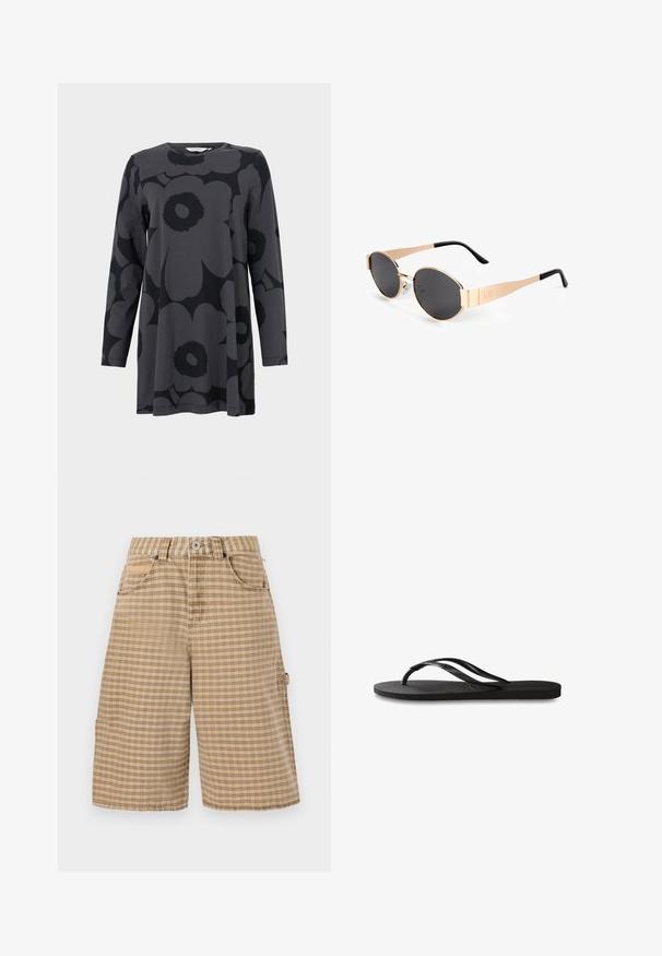 Ilgų rankovių tunika tamsiai pilkos spalvos džersio audinyje, su dideliu juodu gėlių raštu. Apvalus iškirpimas ir laisvas A mašinos siluetas.; BDG Urban Outfitters CHECK NICOLA JORT - Šortai - beige; Juodos šlepetės su tekstūruotu guminio pado, dviem siauromis dirželių ir subtiliu, įspaustu logotipo detalė ant dirželio.; Auksinės ovalios saulės akinių rėmeliai su tamsiais objektyvais, pasižymintys elegantišku dizainu, plonais rankenėlėmis ir juodais akcentais ant šventyklių. Modelio numeris L37.