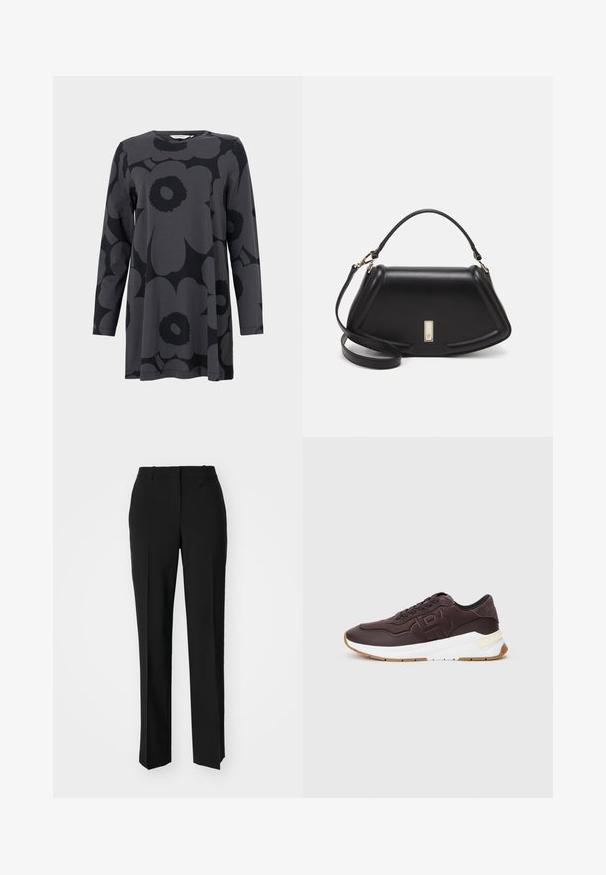 Dugi rukav tunika od tamnosive jersy tkanine, s velikim crnim cvjetnim uzorkom. Okrugli izrez i opušteni A-linijski kroj.; Crne krojene hlače ravnog kroja, s glatkom teksturom i oštrim pregibima naprijed. Bez vidljivih metalnih dijelova.; Tamno smeđi tenisice s crnim obrubom, urezani logo sa strane, debeo bijeli potplat i smeđe gumene potplate na jednobojnoj pozadini.; Crna kožna torba s strukturiranim dizajnom, s krojenim oblikom, gornjom drškom i zlatnim detaljima. Uključena je podesiva ramena traka.