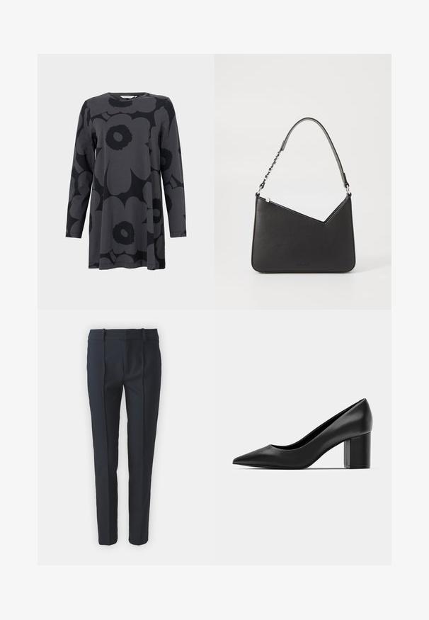 Dolga tunika iz temno sive jersey tkanine, ki se ponaša z velikim črnim cvetličnim vzorcem. Okrogla izreza in sproščen A-silhuet.; Temno modri krojeni hlače z gladko teksturo, z nagubanimi sprednjimi deli, zankami za pas in ravnim krojem nog, izdelane iz lahkega materiala.; Črne usnjene pete z ostrim nosom in masivnim kvadrataškim peto. Gladka textura, preprost dizajn, primeren za formalne priložnosti.; Črna usnjena torbica s trikotno obliko, ozkim trakom in srebrnimi dodatki. Ima zadrgo in vtisnjen logotip spredaj.