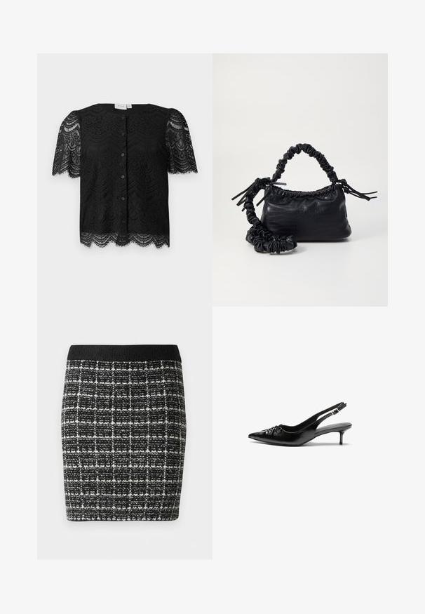 Blusa de renda preta com mangas curtas em balão, apresentando uma bainha recortada e botões frontais. Padrão de renda floral intrincado por toda a peça.; Saia xadrez em preto e branco com um tecido texturizado, apresentando uma cintura preta e uma silhueta ajustada.; Sapatos de salto alto slingback em couro preto com bico fino, pequeno salto kitten e um detalhe decorativo em forma de nó na parte da frente. Textura suave em toda a parte.; Bolsa de mão em couro sintético preto com textura de crocodilo, topo franzido e alça enrugada. Apresenta um design suave e compacto.