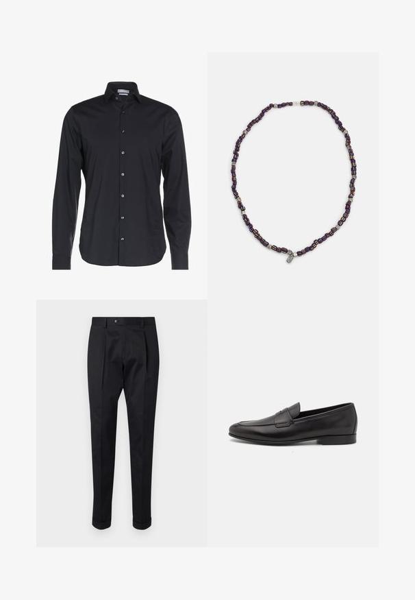Črna srajca z dolgimi rokavi, izdelana iz gladkega blaga. Ima ovratnik z gumbi, sprednje zapiranje s gumbi in diskreten logotip na prsih.; Črne hlače iz gladkega materiala, z zavihkom spredaj, gumbom za zapiranje in zvitim robom ob gležnjih.; Moški črni usnjeni loafer s nizkim peto in klasičnim penny trakom, prikazan v bočnem profilu na belem ozadju.; Večbarvna ogrlica iz perlic z temno modrimi, rdečimi in rumenimi perlicami, prepletenimi s srebrnimi poudarki in visečim čarom.