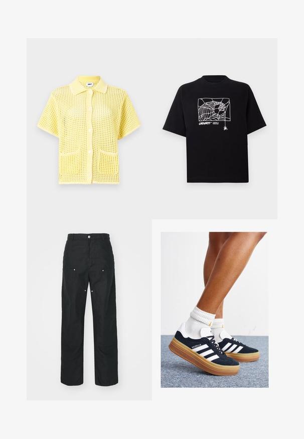 Lühikeste varrukatega kollane võrkmaterjalist nööbiga särk, millel on krae, kahe eesmisest taskuga ja lahtine lõige. Tekstuuriga muster üle kogu särgi.; Mustmust särgis, millel on lühikesed varrukad. Esipaneelil on valge ämblikuvõrgu graafika ja logo. Lihtne ümmargune kaelus.; Mustad püksid sirge säärega, valmistatud tekstuurses kangas. Dekoratiivsed hõbedased detailid ja ainulaadne õmblusteenus.; Mustad seemisnahast tossud valgete triipude ja detailidega, ümarate varbassosadega, kummist välistallaga, paaritatud valgete soonikuliste meessokkidega.