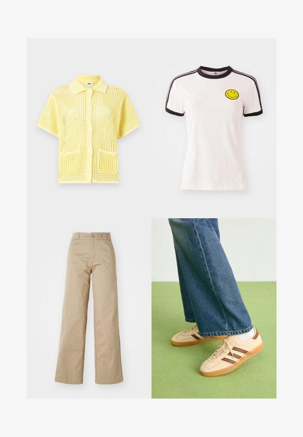 Camisa de botão de manga curta, amarelo em malha, com colarinho, apresentando dois bolsos frontais e um corte solto. Padrão texturizado em todo o tecido.; T-shirt branca de algodão com gola canelada preta, mangas curtas, detalhes em riscas pretas e um rosto sorridente amarelo bordado no peito.; Calças largas bege feitas de algodão, com fecho de botão e passantes para cinto, apresentando uma textura suave e um acabamento limpo.; Tenis bege com painéis texturizados em creme e riscas castanhas, combinados com jeans de ganga azul. Os jeans têm um corte largo e uma bainha desfiada.