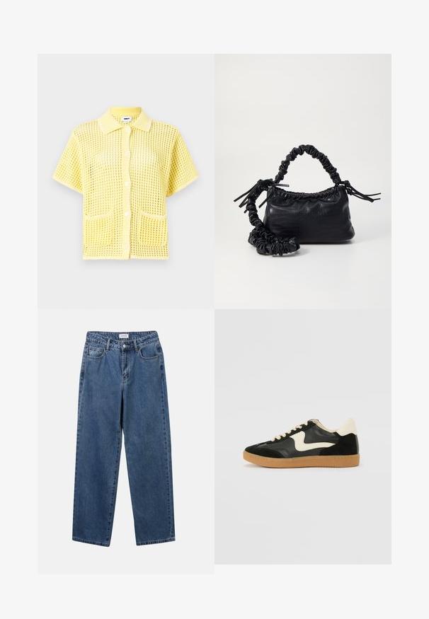 Lühikeste varrukatega kollane võrkmaterjalist nööbiga särk, millel on krae, kahe eesmisest taskuga ja lahtine lõige. Tekstuuriga muster üle kogu särgi.; Klassikalised sinised denimists teksad otsejalaga disainiga, viie taskuga ja nööbisuletusega. Omab keskmist pesu ja tugevat tekstuuri.; Must musta ja nahast sneakersid, millel on koorevärvi külgsuund ja hele koorik. Omab beeži paelu ja kummi kummist välistalla.; Must must sünteetilisest nahast käekott, millel on krokodillimuster, kokku tõmmatav ülaosa ja kortsus rihm. Tundub pehme ja kompaktne disain.