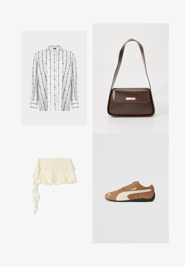 Witte blouse met knopen, voorzien van zwarte verticale lijnen en geometrische patronen. Lange mouwen met zwarte accenten bij de manchetten. Glad stoftextuur.; Ivoor kanten omslagdoek met gerafelde randen; bevat ingewikkelde bloemmotieven; stroomt elegant met een lange, slepende uiteinde.; Bruine suède low-top sneakers met crèmekleurige accenten, een gestructureerd oppervlak, een zwarte rubberen zool en een geborduurd logo aan de zijkant en op de tong.; Bruine leren schoudertas met een gestructureerde vorm, voorzien van een magnetische klepsluiting en een metallic logoaccent aan de voorkant.
