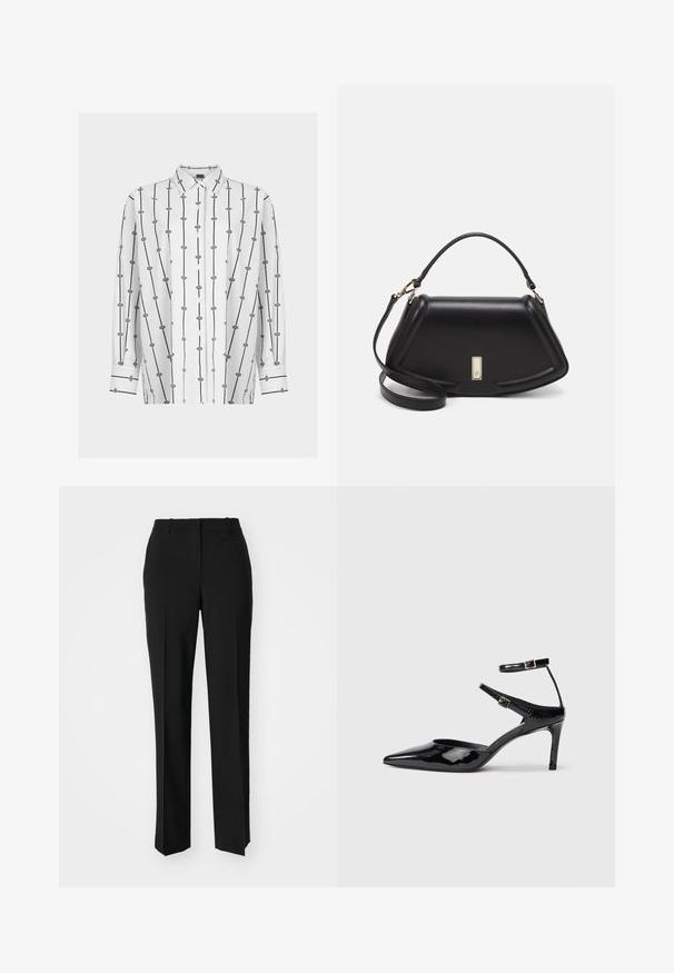 White button-up shirt featuring black vertical lines and geometric patterns. Long sleeves with black accents at cuffs. Smooth fabric texture.; Black tailored trousers with a straight-leg design, featuring a smooth texture and crisp creases along the front. No visible hardware.; Black patent leather heels with a pointed toe, adjustable ankle straps, and a slender heel. Smooth texture with a shiny finish.; Black leather handbag with a structured design, featuring a cropped shape, top handle, and gold hardware accent. Adjustable shoulder strap included.
