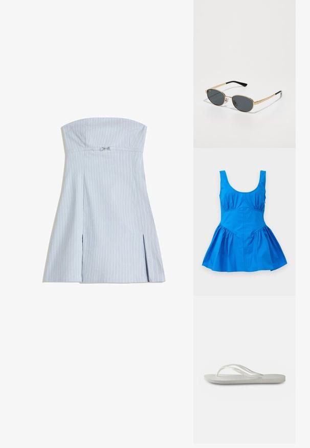 Robe sans manches bleu avec un décolleté arrondi et des détails froncés à la taille, dotée d'une jupe évasée et d'un tissu lisse et léger.; Robe sans bretelles, bleu clair avec des rayures blanches verticales, dotée d'un haut ajusté et de deux fentes à l'avant, confectionnée dans un tissu lisse. Accent en métal argenté.; Tong en plastique blanche avec une semelle texturée, dotée de fines brides et d'un design plat. Fabriquée en caoutchouc avec un logo discret sur le coussin de pied.; Lunettes de soleil en métal doré avec des verres ovales gris, des branches fines et des embouts en plastique noir. Présente un logo sur la monture et des plaquettes de nez ajustables.; Sac en daim marron en forme de croissant, décoré de clous ronds argentés et dorés avec des motifs floraux et circulaires.