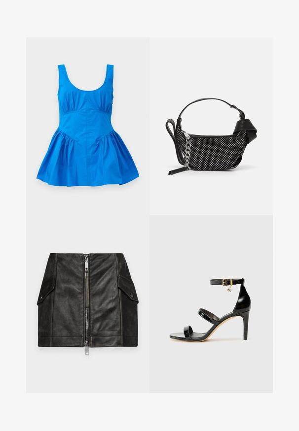 Blue sleeveless dress with a scoop neckline and gathered details at the waist, featuring a flared skirt and smooth, lightweight fabric.; Black leather mini skirt with a front zipper, two side pockets, and a smooth texture. Features reinforced seams and a structured design.; Black patent leather sandal with three straps, ankle buckle, and 4-inch stiletto heel. Features gold hardware detail and logo charm.; Black handbag with a textured design, adorned with silver studs and a chunky silver chain strap. Features a sleek, minimalist shape.