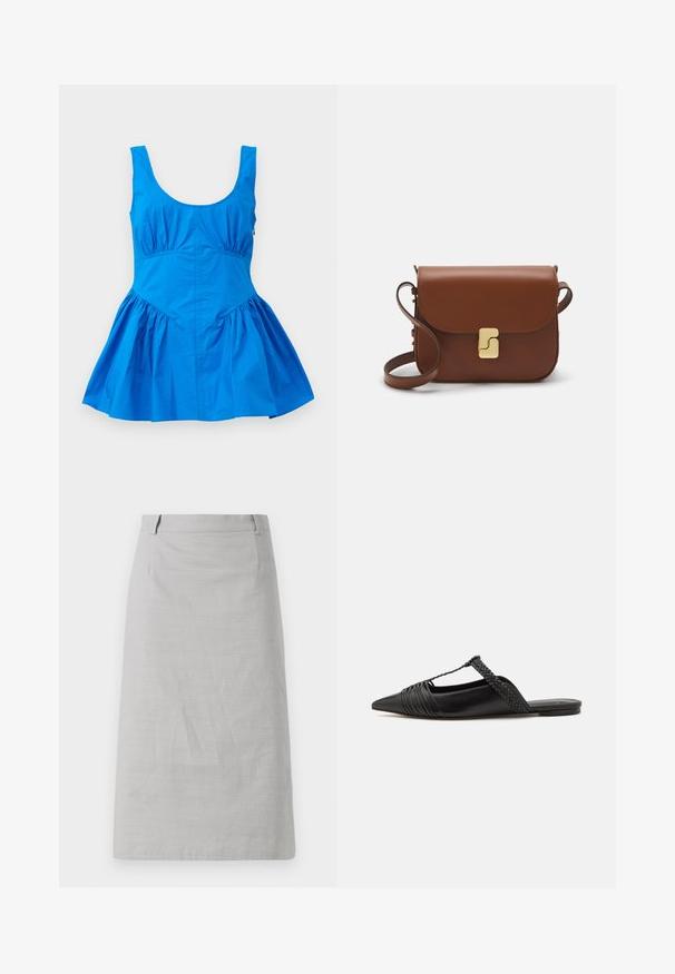 Robe sans manches bleu avec un décolleté arrondi et des détails froncés à la taille, dotée d'une jupe évasée et d'un tissu lisse et léger.; Jupe crayon grise avec une texture lisse, une coupe ajustée et une taille plate, avec des coutures latérales et sans motifs ni accents visibles.; Chaussure en cuir noir à talon ouvert avec un bout pointu, présentant un accent tressé et un design supérieur plissé. Semelle plate avec un matériel minimal.; Sac à main en cuir marron avec une fermeture à rabat, des accents en métal doré, une bandoulière et une texture lisse. Forme rectangulaire compacte.