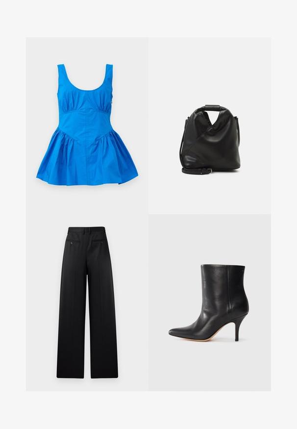 Mėlyna be rankovių suknelė su apvaliu iškirpimu ir susiraukšlėjimais liemens srityje, turinti platėjančią sijoną ir lygią, lengvą medžiagą.; Juodi plačiais klešniais kelnių, su lygia priekiu, dviem užpakalinėmis kišenėmis su mygtukais ir lygaus paviršiaus. Pristatytas dizainas su tiesia iškirpte.; Juodos odinės kulkšninių botų su smailiu nosiu, siauru stiletto kulnu ir lygia tekstūra. Minimalistinis dizainas, be matomų aparatūros ar akcentų.; Juodas, minkštas odinis krepšys su unikaliu išsuktiniu dizainu. Yra trumpas rankenas ir nuimamas peties diržas. Minimalistinis stilius.