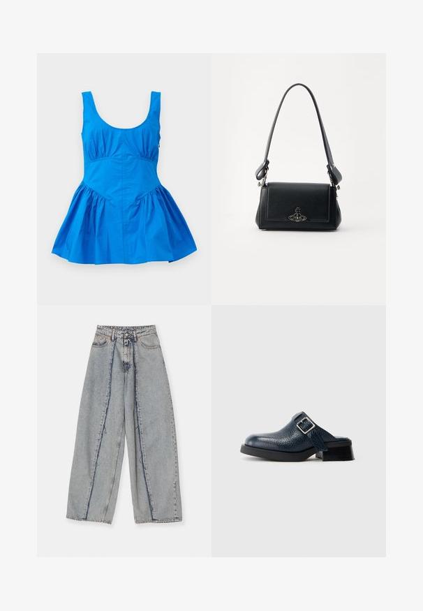Blue sleeveless dress with a scoop neckline and gathered details at the waist, featuring a flared skirt and smooth, lightweight fabric.; Light blue wide-leg jeans with frayed edges, a high waist, and contrasting seams. Made of denim, showcasing a relaxed fit and minimal distressing.; Navy blue leather clog with a textured finish, featuring a side strap and silver buckle, set on a low black heel with a sturdy sole.; Black leather handbag with a textured surface, rectangular shape, adjustable strap, and a metallic logo accent on the front.