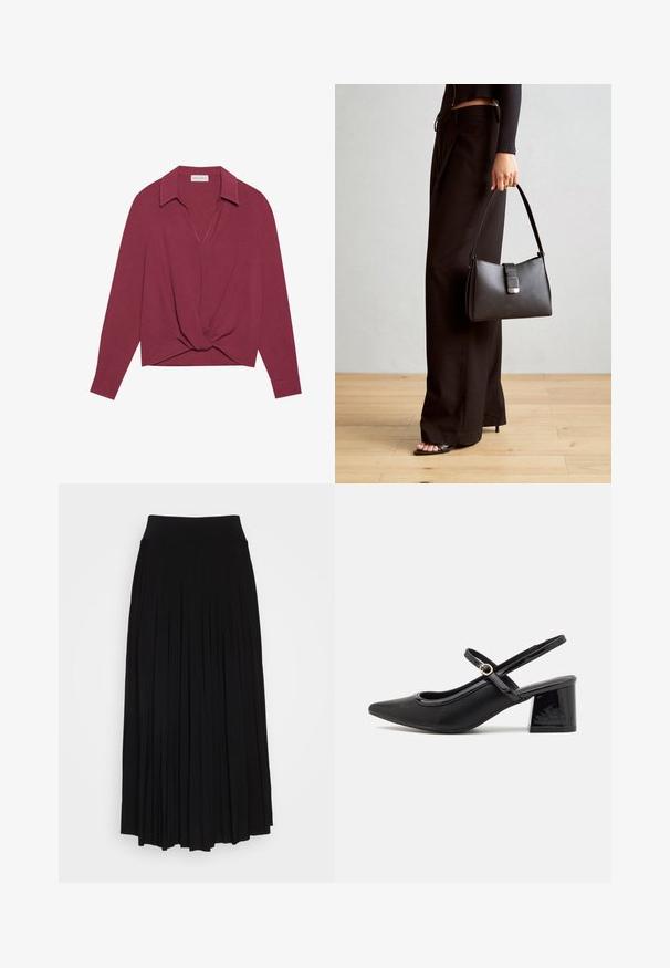 Mörkröd långärmad skjorta med krage, V-ringning och snodd detalj fram. Mjuk textur och avslappnad passform.; Svart plisserad kjol med högt, elastiskt midjeband. Tillverkad av mjukt tyg, med vertikala plisseringar för en flytande silhuett.; Svarta lackläder slingback-klackar med spetsig tå, en rundad utskärning och en blockklack. Utsmyckad med en spänne i guldton.; Svart handväska med strukturerad form, slät yta och metallspänne. Matchad med vida svarta byxor och sandaler med öppen tå på trägolv.