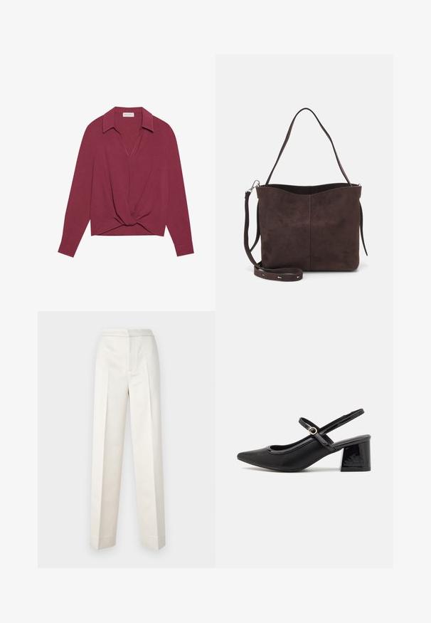 Maglietta a maniche lunghe color mogano con colletto, scollatura a V e dettaglio annodato sul davanti. Texture morbida e vestibilità comoda.; Pantaloni color crema con vestibilità sartoriale, dotati di gamba dritta, tessuto liscio, pince frontali e orlo pulito. Design minimalista.; Décolleté in vernice nera con cinturino dietro, punta affusolata, design con ritagli arrotondati e tacco a blocco. Presenta un accento di fibbia tono oro.; Borsa a spalla in suede marrone con una texture morbida, caratterizzata da una singola tracolla e un'apertura superiore leggermente curvata. Nessun dettaglio hardware visibile.