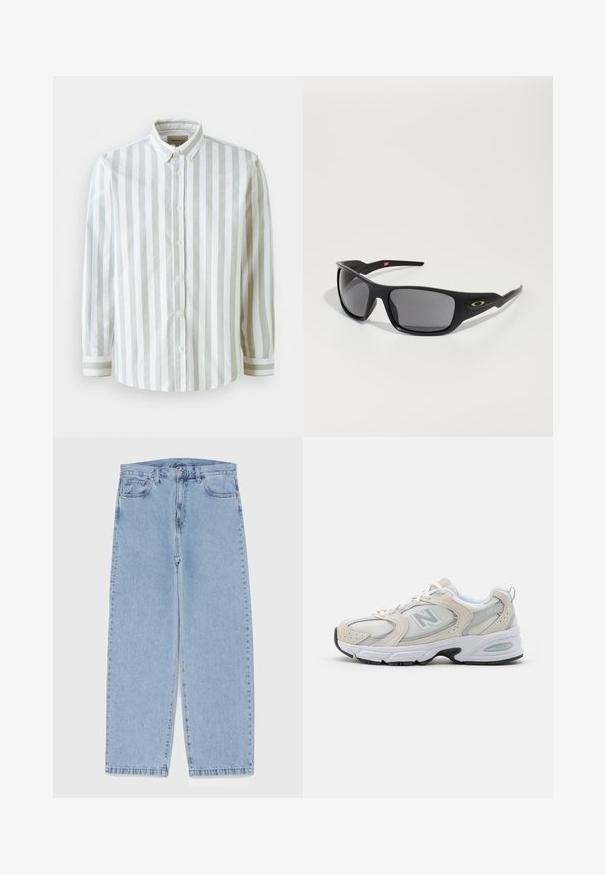 Koszula z długim rękawem w pionowe pasy w kolorze białym i jasnoszarym, wykonana z tkaniny tkanej. Posiada kołnierz i mankiety na guziki z kontrastującym akcentem w paski.; Jasnoniebieskie dżinsy o prostym kroju nogawki, z średnim stanem, pięcioma kieszeniami oraz zapięciem na guzik i zamek błyskawiczny.; Buty sportowe z jasnoszarym meshem i zamszowymi akcentami, białymi sznurówkami i czarną gumową podeszwą. Zauważalny detal poduszek ABZORB.; Czarne okulary przeciwsłoneczne o prostokątnym kształcie, wykonane z trwałego plastiku, z szarymi przyciemnionymi soczewkami i złotym akcentem z boku.