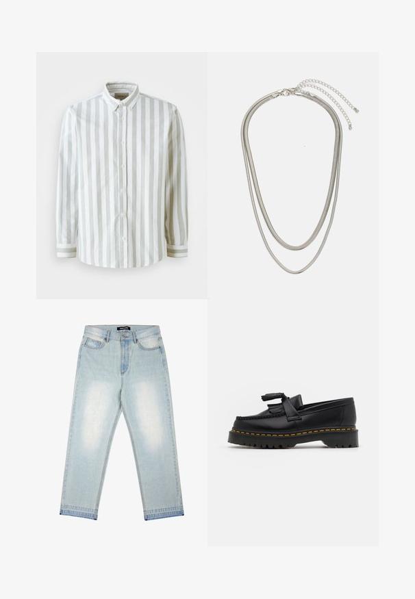 Striped button-up shirt in white and light grey, made of woven fabric. Features a collar and button cuffs with contrasting stripe accent.; Pegador BARROW - Loose Jeans - sand washed blue; Black leather loafer with a tasseled accent, featuring a chunky black sole and yellow stitching along the edge. Textured finish.; Three-layered silver metal necklace featuring sleek, flexible chains with a slight sheen, secured with a lobster clasp and adjustable chain.
