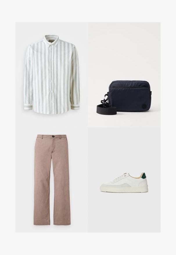 Camicia a righe bianca e grigia chiaro, realizzata in tessuto intrecciato. Presenta un colletto e polsini con bottoni con un accentuato contrasto delle righe.; Pantaloni di cotone marroni con un taglio dritto, tasche frontali, passanti per cintura e chiusura con bottone superiore. Texture liscia con dettagli di cucitura minimi.; Sneaker bianco con accenti in camoscio, punta rotonda, lacci piatti e suola in gomma crema. Presenta un marchio verde sul tallone.; Borsa a tracolla rettangolare blu navy realizzata in nylon testurizzato, con tasca frontale con zip e cinturino regolabile. Logo impresso sul lato.